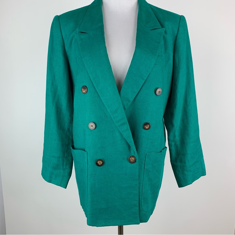 Vintage Liz Claiborne Collection Teal Jewel Tone Double Breasted Linen Blazer